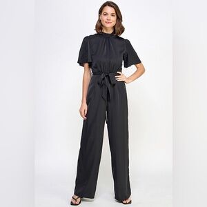 High-Neck Black Satin Jumpsuit with Self-Tie Waist